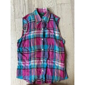 Lauren Ralph Lauren Pink Plaid Sleeveless Linen Button Down Shirt Womens Small